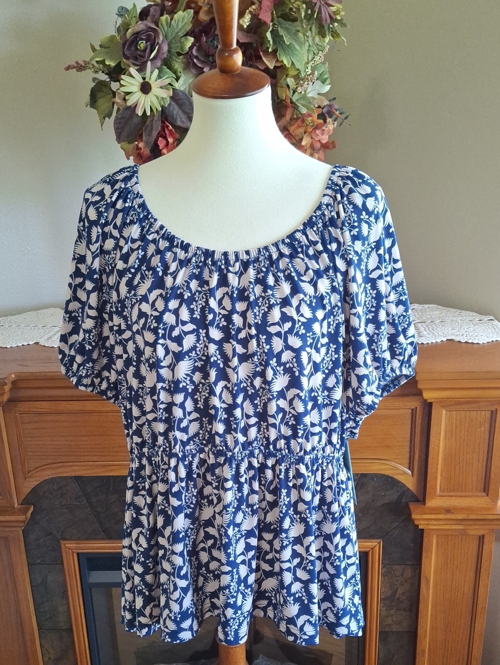 Terra & Sky Navy & Cream Floral Smocked Peasant Top